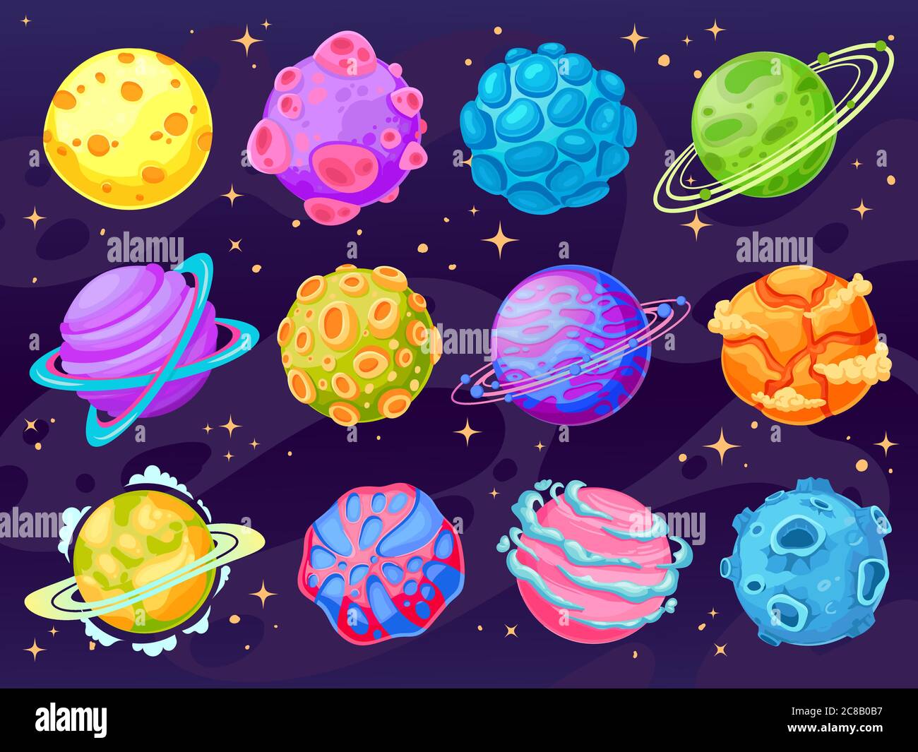 Fantasy Cartoon Planeten. Multicolor kosmischen Planeten Objekte für Spiel-Design, fantastische Galaxie Welt Raum Universum ui Vektor isoliert gesetzt. Stock Vektor