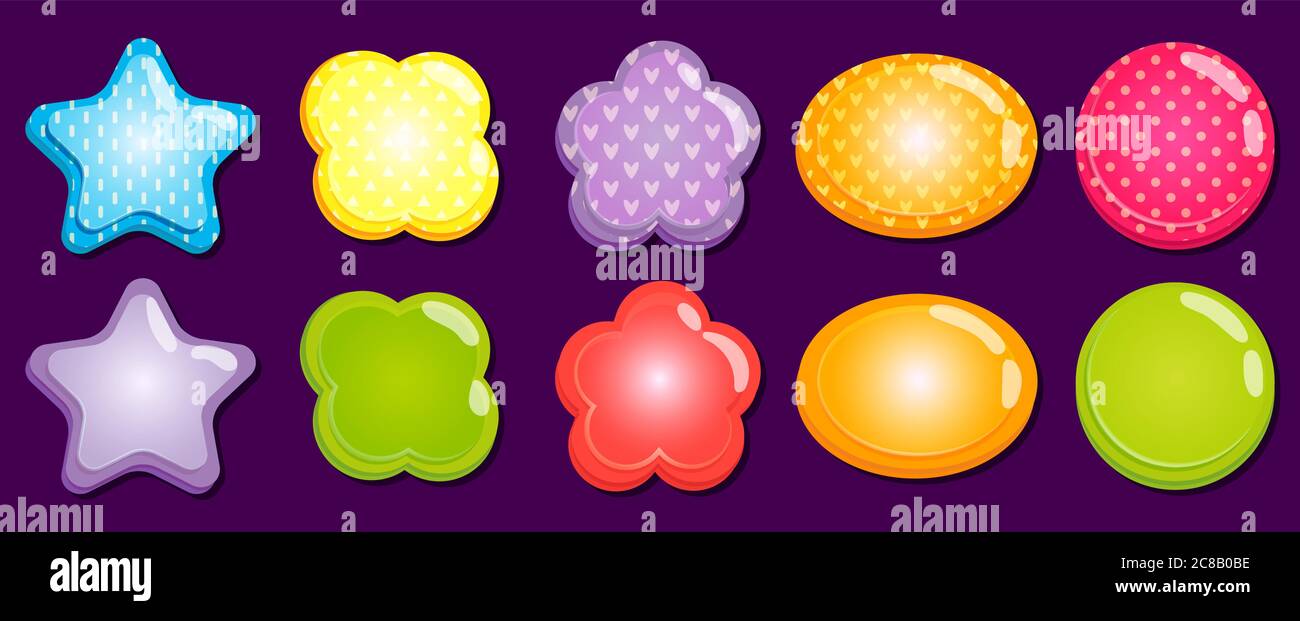 Cartoon bunte Rahmen in verschiedenen Formen wie Stern, Blume, Ellipse und Kreis mit kleinen Herzen, Dreiecken, Streifen und Punkten. Glänzende Objekte mit pl Stock Vektor