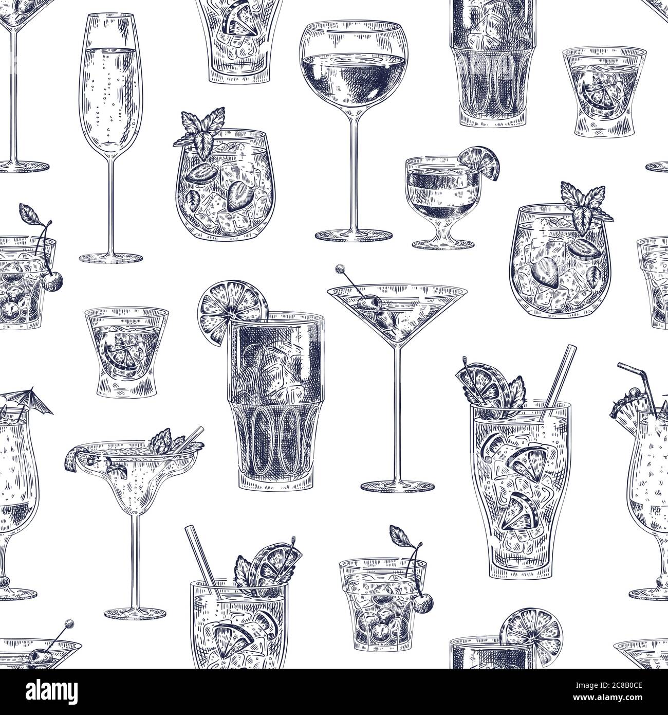Cocktail-Nahtloses Muster. Handgezeichnete Alkohol Getränke Cocktails mit verschiedenen Gläsern und Becher Tapete Bar Menü vintage Vektor Textur. Skizze be Stock Vektor