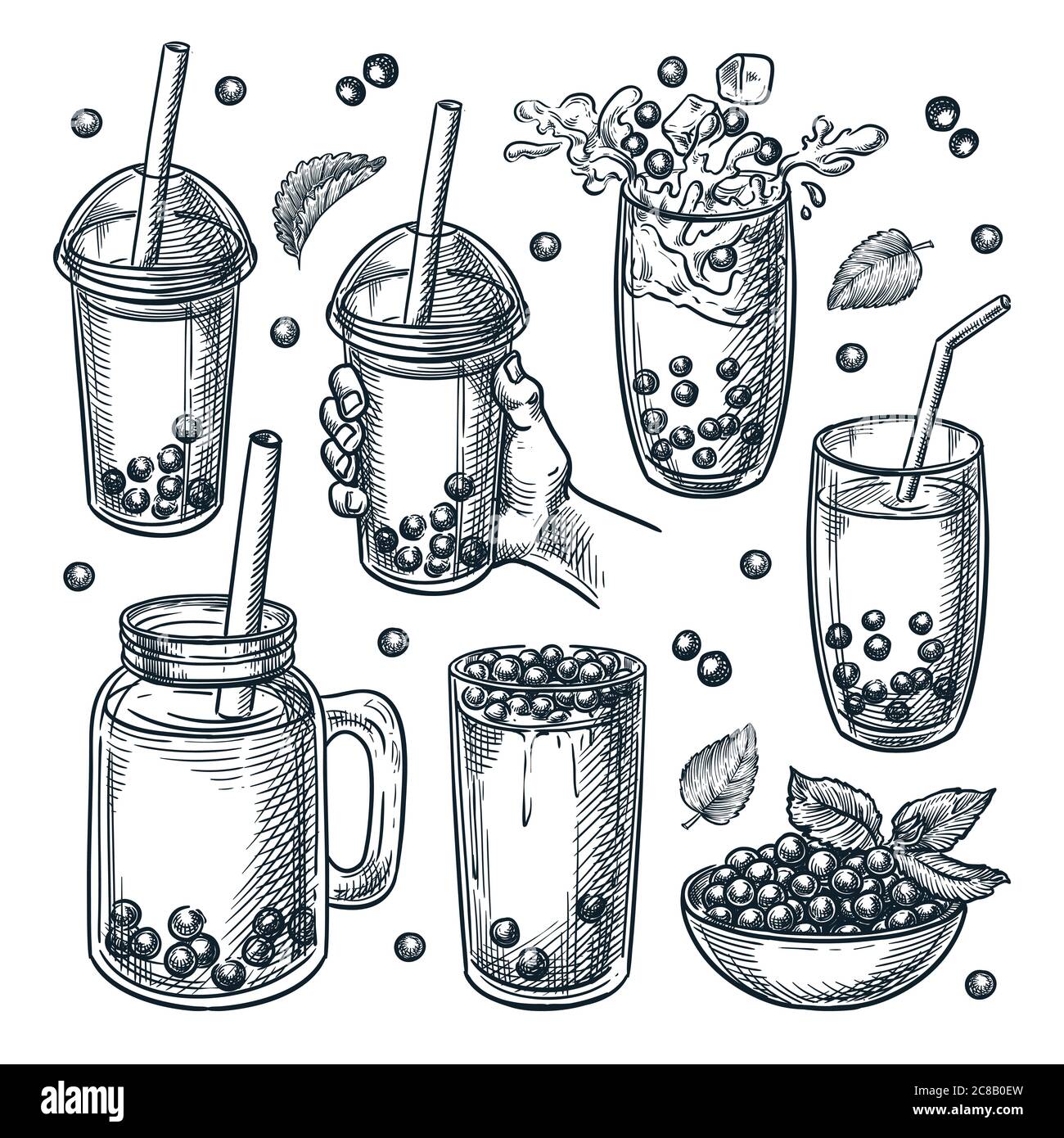 Bubble Ice Tea Drinks Set, isoliert auf weißem Hintergrund. Sommer asiatische süße Getränke mit Tapioka Perlen. Vektor handgezeichnete Skizze Illustration von ha Stock Vektor