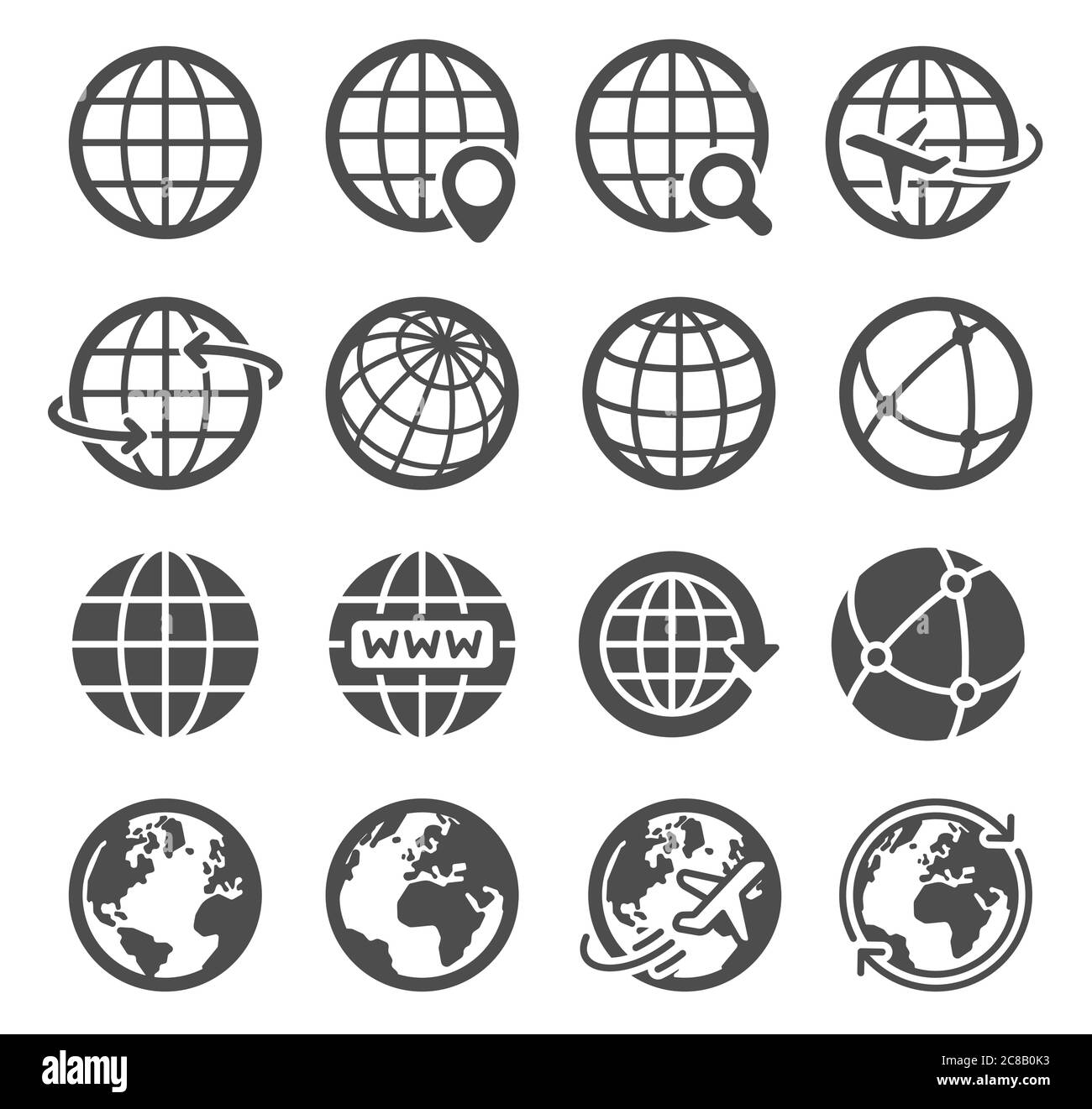 Erdglobensymbole. Weltweite Karte sphärischer Planet, Geographie Kontinent Kontur, Welt Umlaufbahn globale Kommunikation Tourismus Logo Vektor-Symbole. Internet Stock Vektor