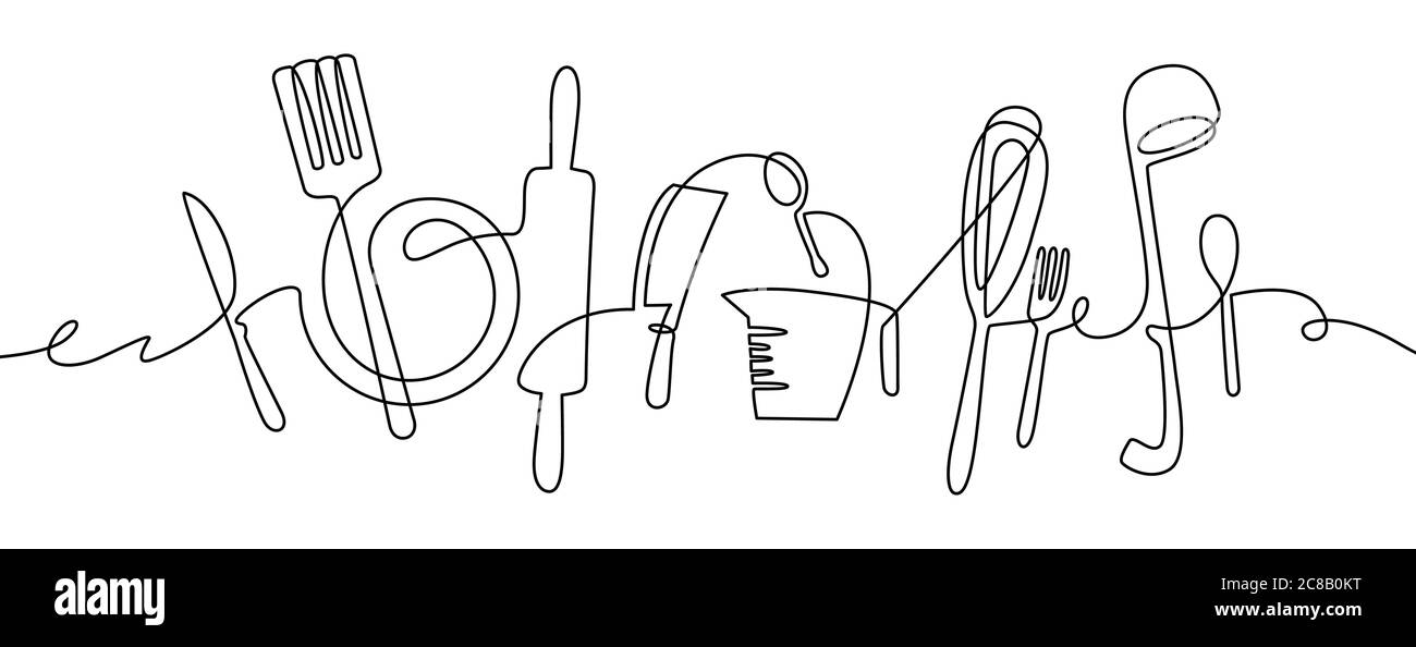 Küchengeräte. Kontinuierliche eine Linie Zeichnung Küchengeräte, Kochwerkzeug Illustration, schwarz und weiß Umriss Besteck Skizze Vektor Design. Gabel und Stock Vektor