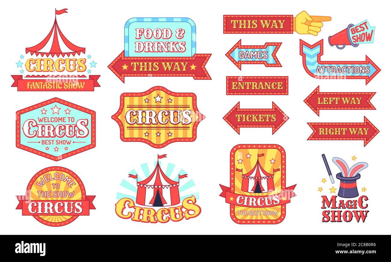Circus-Labels. Karneval und Zirkus zeigen Einladung Abzeichen, Unterhaltung Festival Schild mit Text, Veranstaltungen vintage Tag Cartoon Vektor gesetzt. Essen und Stock Vektor