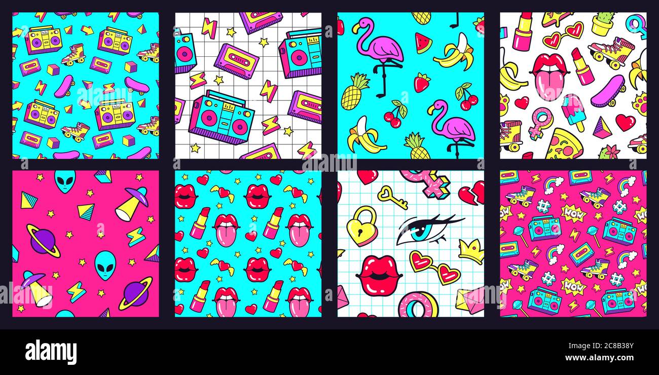 Nahtloses 90er-Muster. Retro 80er Jahre Pop Mode Muster mit funky Doodle Aufkleber. Lippen, Musikband und rosa Flamingo Vektor Illustration Set. Watermelo Stock Vektor
