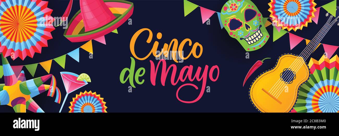 Cinco de Mayo Fiesta schwarzen Hintergrund. Poster oder Grußkarte mit Kalligraphie-Schriftzug und mexikanischen nationalen Symbolen. Vektor flach Cartoon illus Stock Vektor