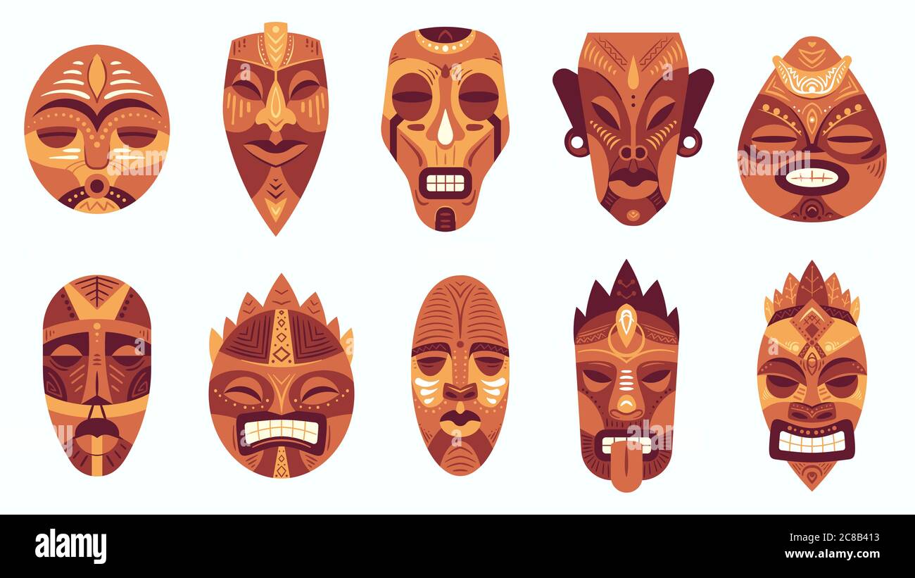 Ethnische Masken. Traditionelles Ritual, zeremonielle afrikanische, hawaiianische oder aztekische Maske mit ethnischen Karnevalsornamenten, antike Kultur Vektor-Set. Tribal Maske o Stock Vektor