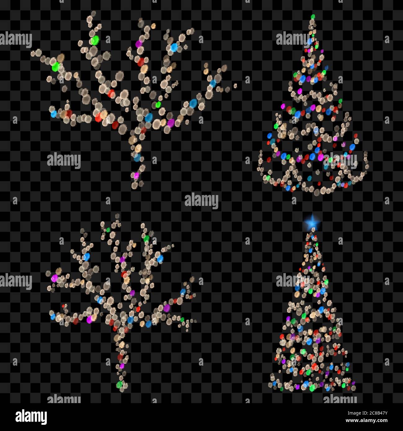 Set von Weihnachtsbäumen aus defokussierten bunten Lichterketten mit Bokeh-Effekten Stock Vektor