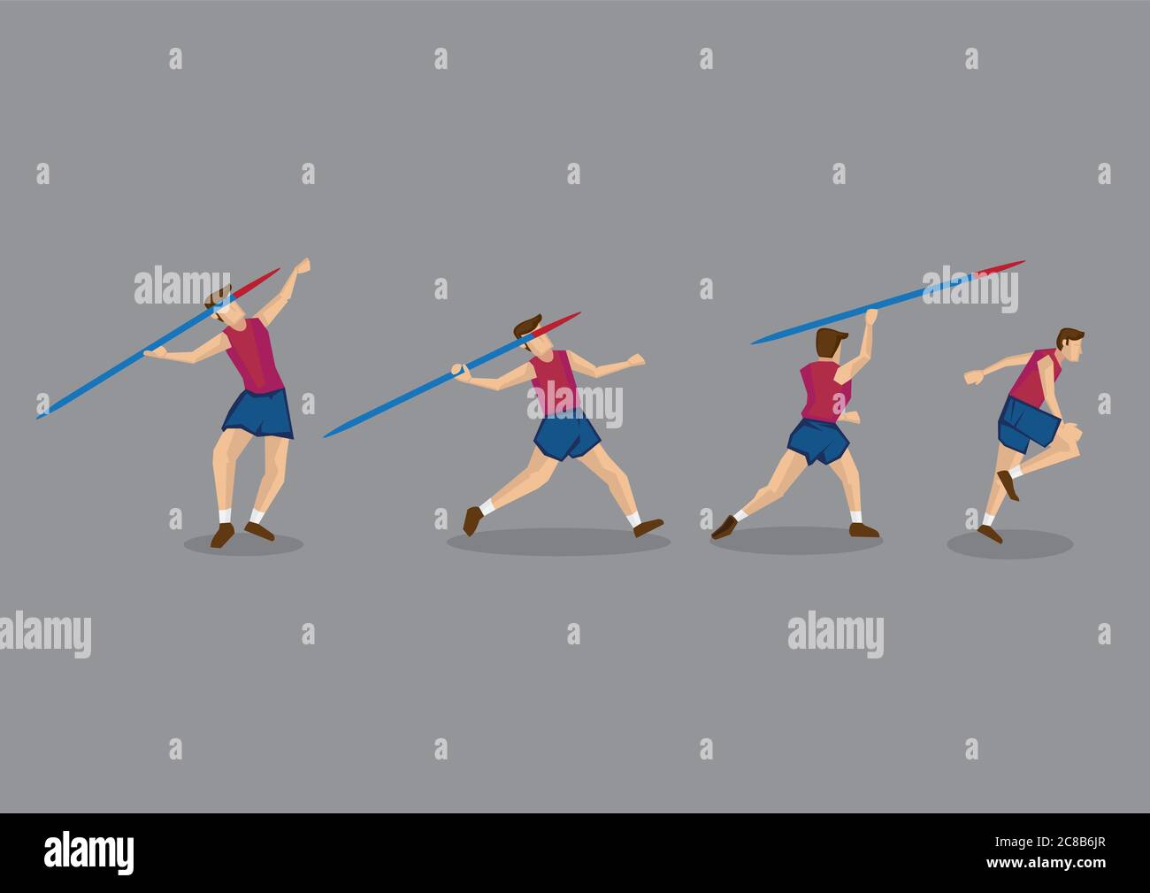 Action-Sequenz von Leichtathletik-Athleten werfen Speer. Vektorzeichen Illustration isoliert auf grauem Hintergrund. Stock Vektor
