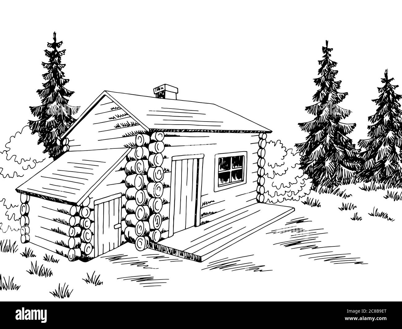 Holz Hütte Haus Grafik schwarz weiß Landschaft Skizze Illustration Vektor Stock Vektor