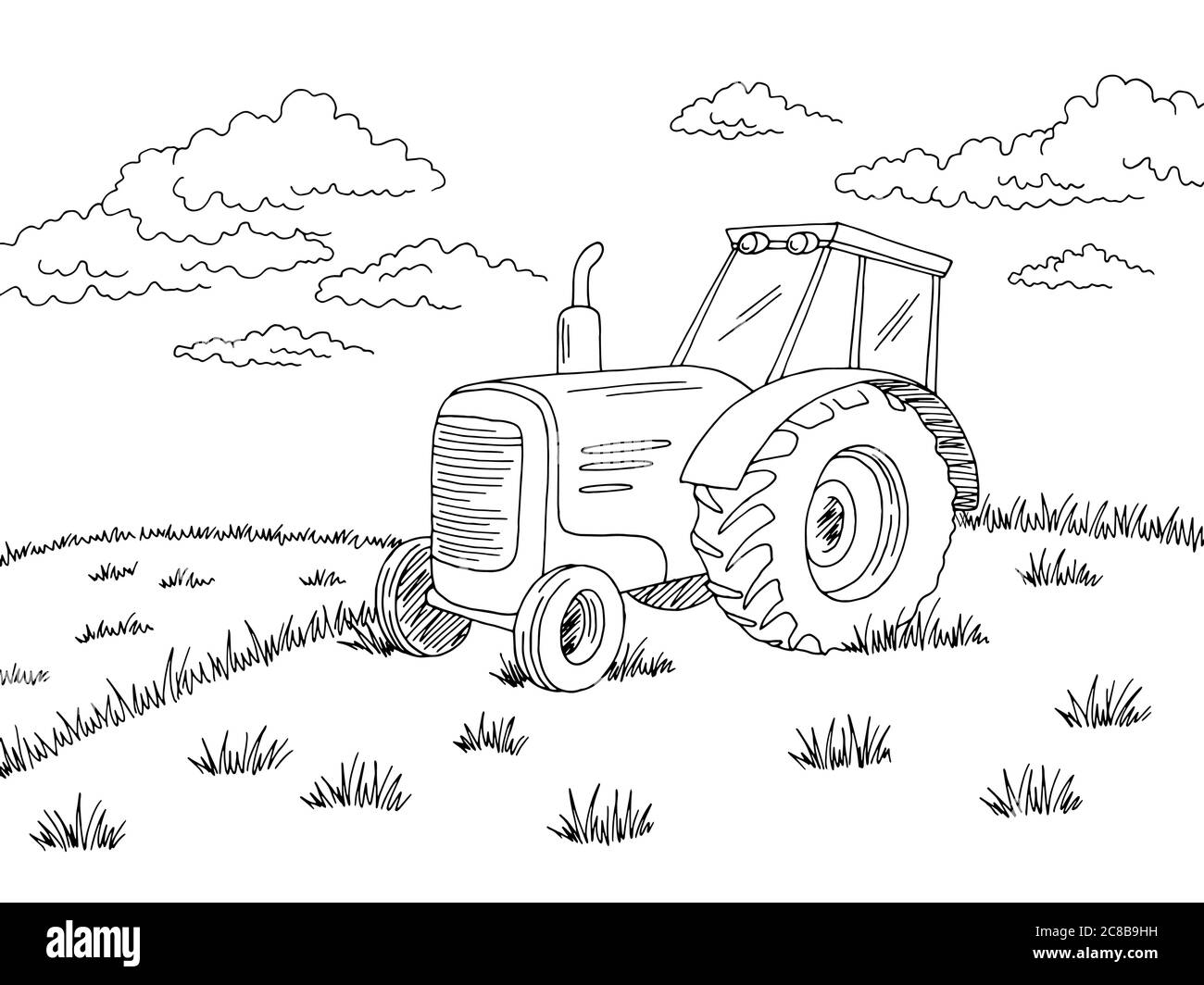 Traktor auf dem Feld Grafik schwarz weiß Landschaft Skizze Illustration Vektor Stock Vektor