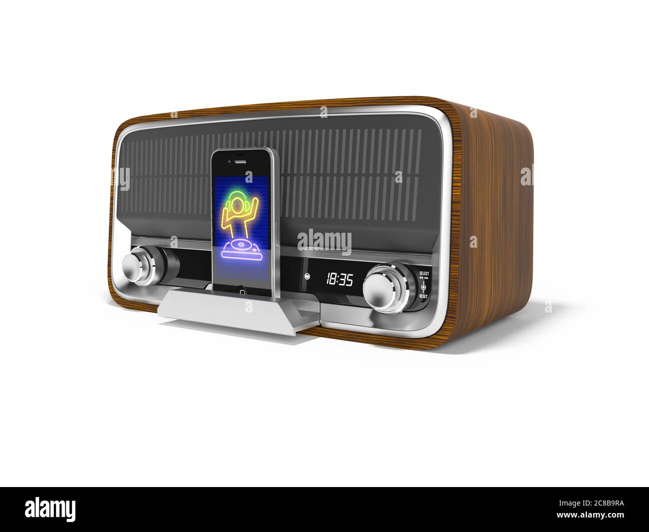 Konzept Classic tragbarer Lautsprecher für die Wiedergabe von Musik vom Smartphone 3d-render Abbildung auf weißem Hintergrund mit Schatten Stockfoto