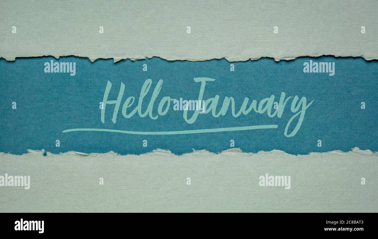 Hallo Januar Begrüßungsnachricht - Handschrift auf einem handgefertigten Papier, Kalender und Grußkarte Konzept Stockfoto