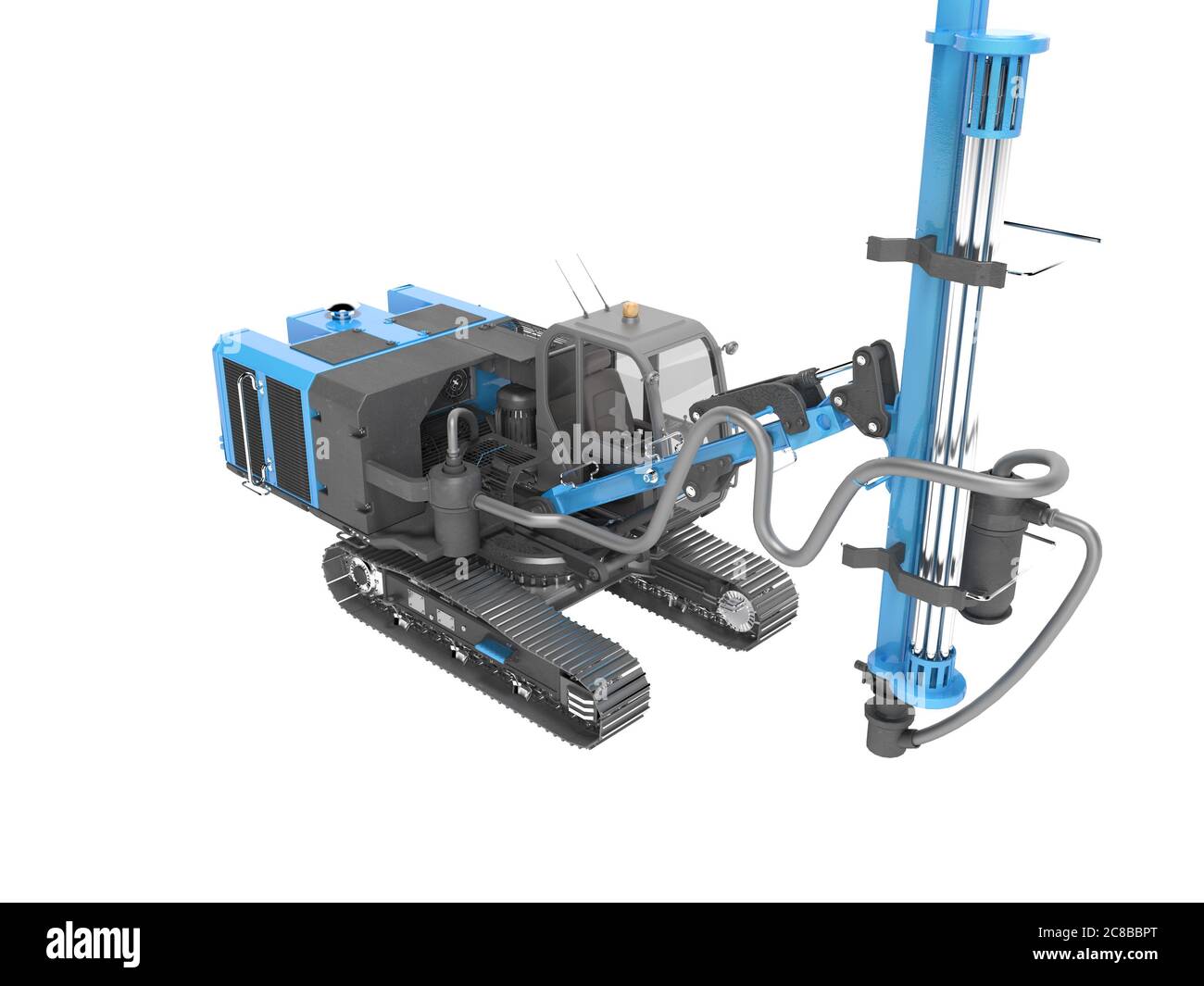 Blau selbstfahrenden Bohrgeräten für den Bau und die Verlegung von Caterpillar Anschluss montiert magestralia 3D-Render auf weißem Hintergrund kein Schatten Stockfoto