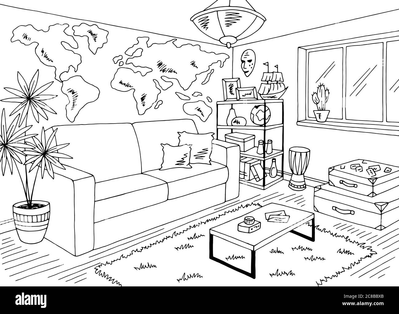 Wohnzimmer Reisende Grafik schwarz weiß Haus Interieur Skizze Illustration Vektor Stock Vektor