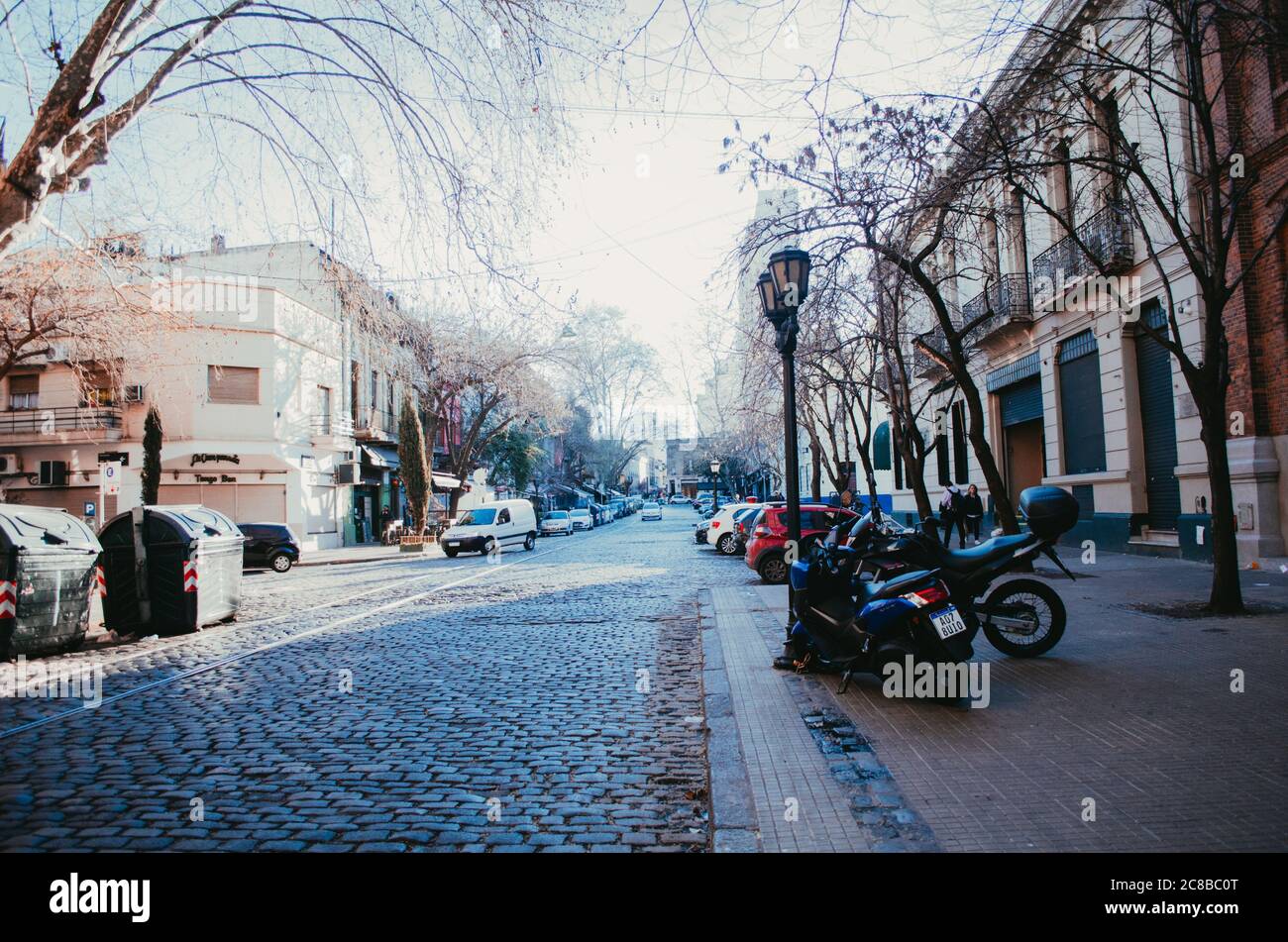 Blick auf die Straße von Chile Avenue, Buenos Aires, mit alten Wohngebäuden mit trockenen Baumzweigen, die den Himmel während eines kalten Herbsttages und einige bedecken Stockfoto