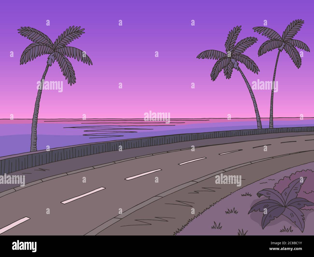 Straße Straße Sonnenuntergang Grafik Palme Farbe Meer Landschaft Skizze Illustration Vektor Stock Vektor