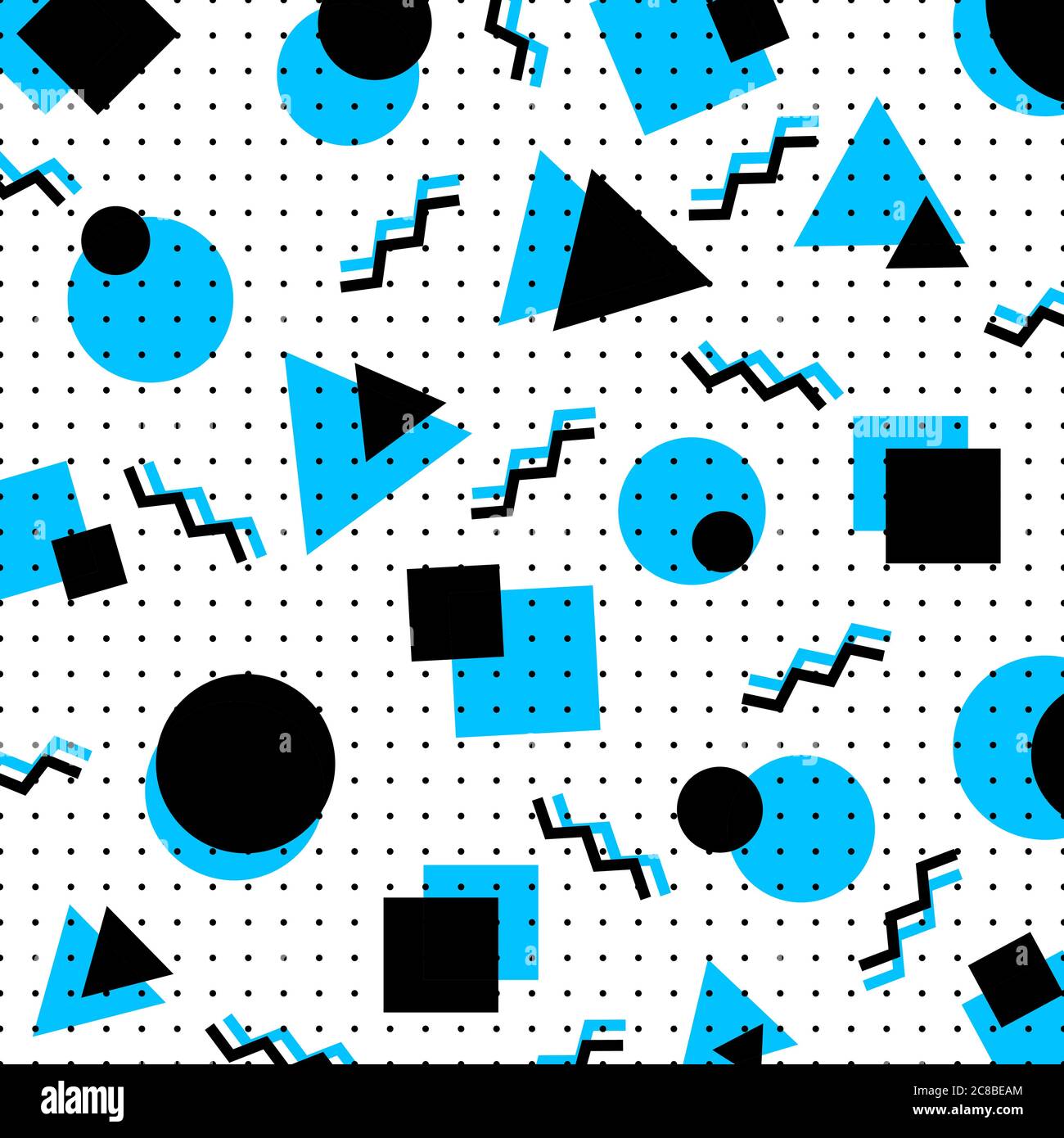 Abstrakt blau und schwarz geometrische Kreis, Quadrat, Dreieck Muster auf weißem Hintergrund memphis Stil. Vektorgrafik Stock Vektor