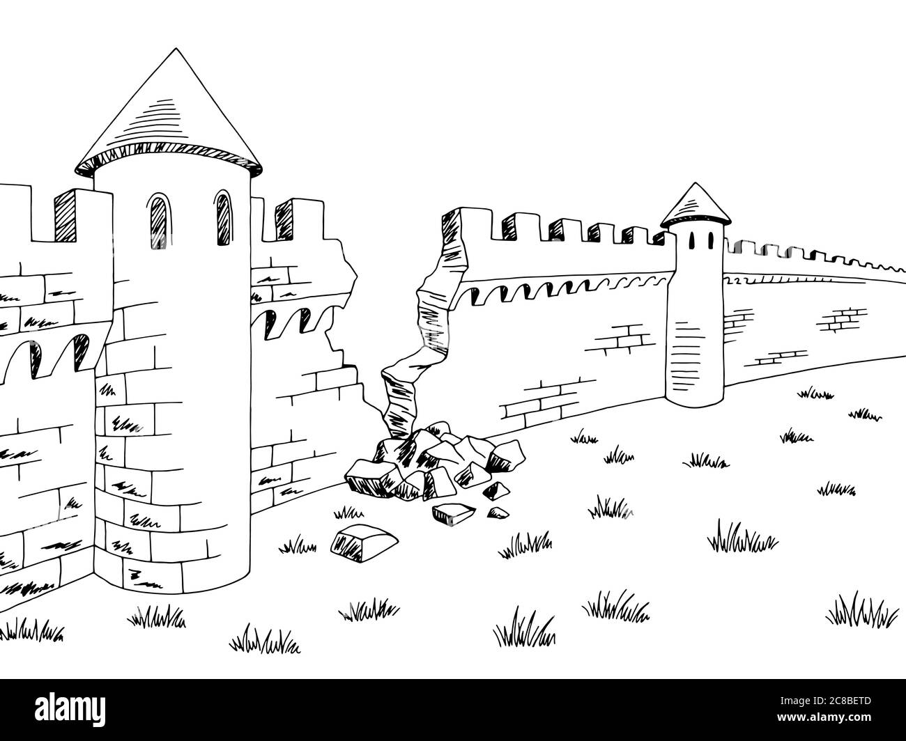 Gebrochene Wand mittelalterliche Burg Grafik schwarz weiß Skizze Illustration Vektor Stock Vektor