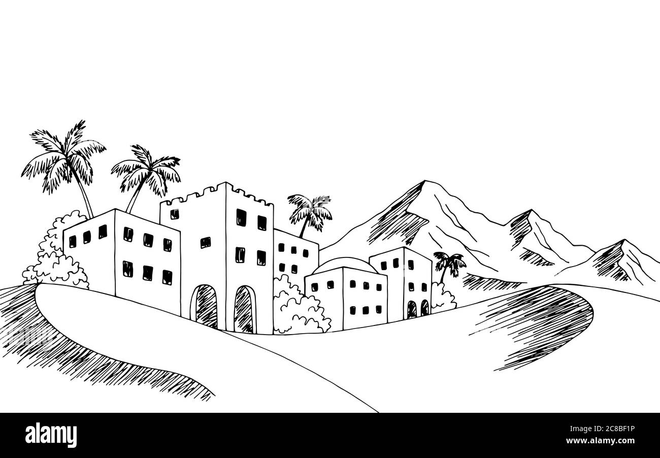 Stadt Wüste Grafik schwarz weiß Landschaft Skizze Illustration Vektor Stock Vektor