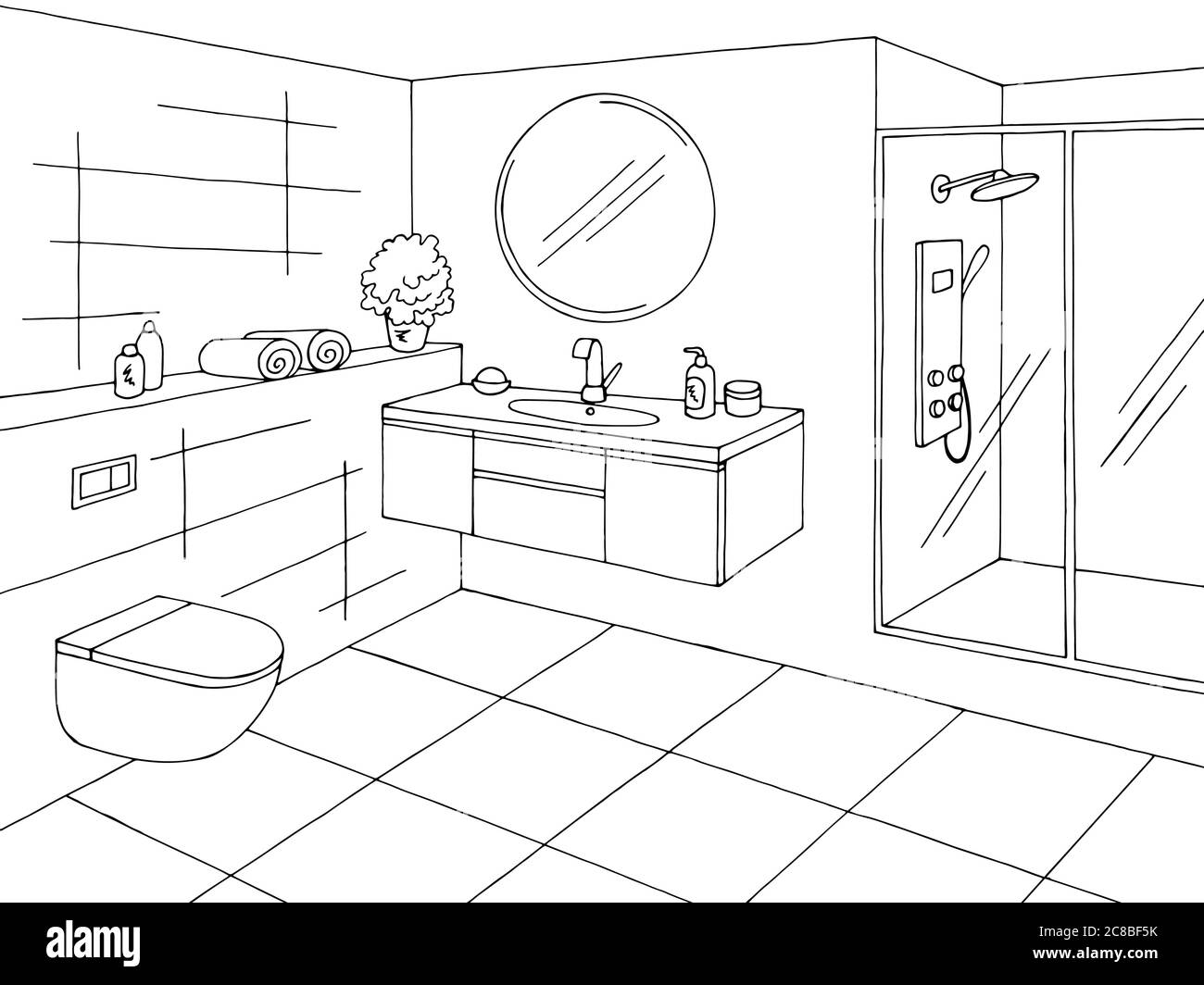 Badezimmer Grafik Heim Interieur schwarz weiß Skizze Illustration Vektor Stock Vektor