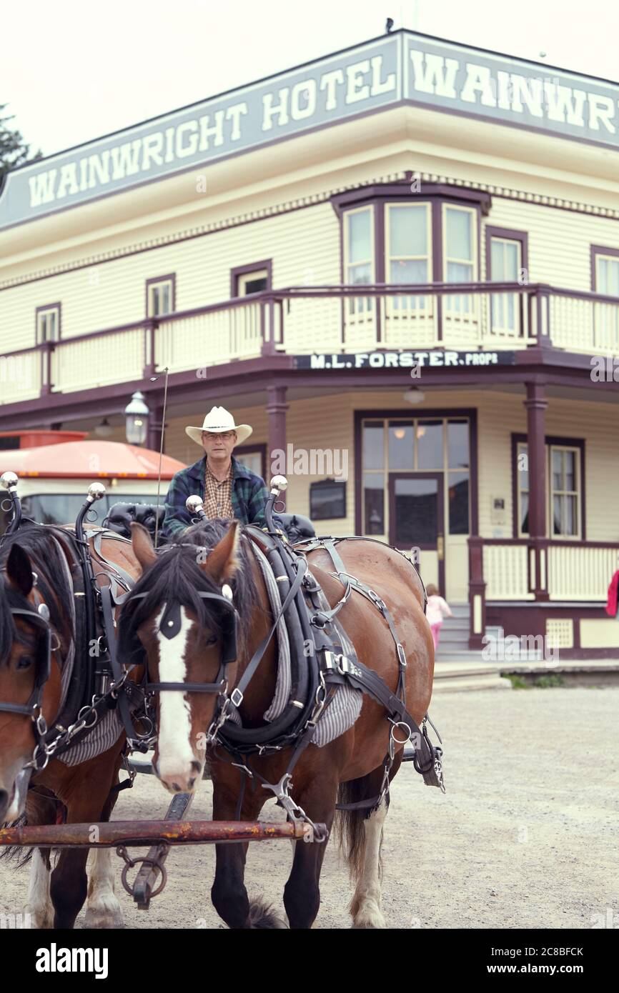 Pferdewagen auf den Straßen des historischen Dorfes Heritage Park in Calgary. Stockfoto
