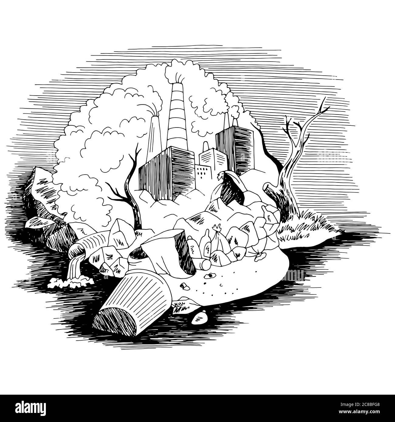 Schädel Ökologie Problem Müll Fabrik Dampf Verschmutzung Grafik schwarz weiß Landschaft Skizze Illustration Vektor Stock Vektor
