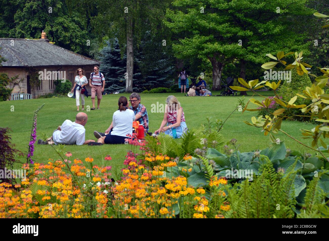 Zwei Paare, die auf dem Rasen ein Picknick im RHS Garden Harlow Carr, Harrogate, Yorkshire, England, Großbritannien. Stockfoto