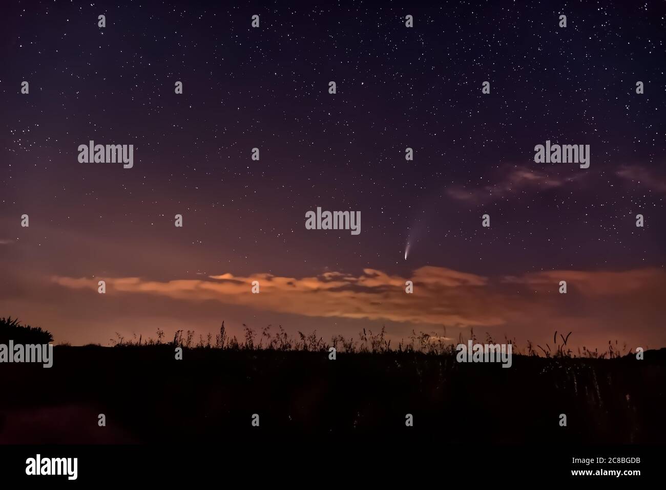 Komet Neowise C/2020 F3 im Sternenhimmel mit Silhouetten des Schwäbischen Alb Heidelandes, Deutschland, Europa, Astronomie, 2020-07-19 Stockfoto