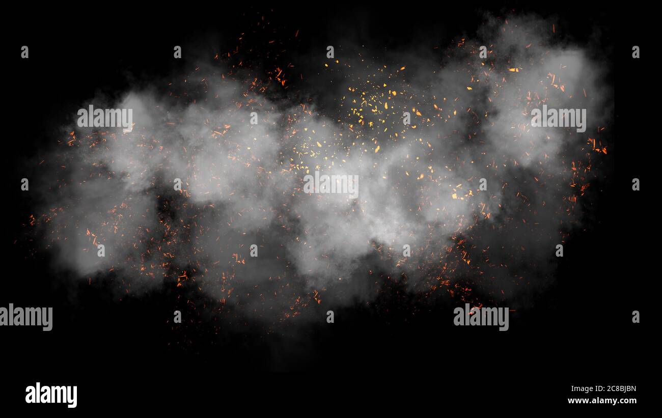 Feuer Partikel wirken Staubpartikel isoliert auf schwarzem Hintergrund, Bewegung Pulverspray platzen. Designelement Stockfoto