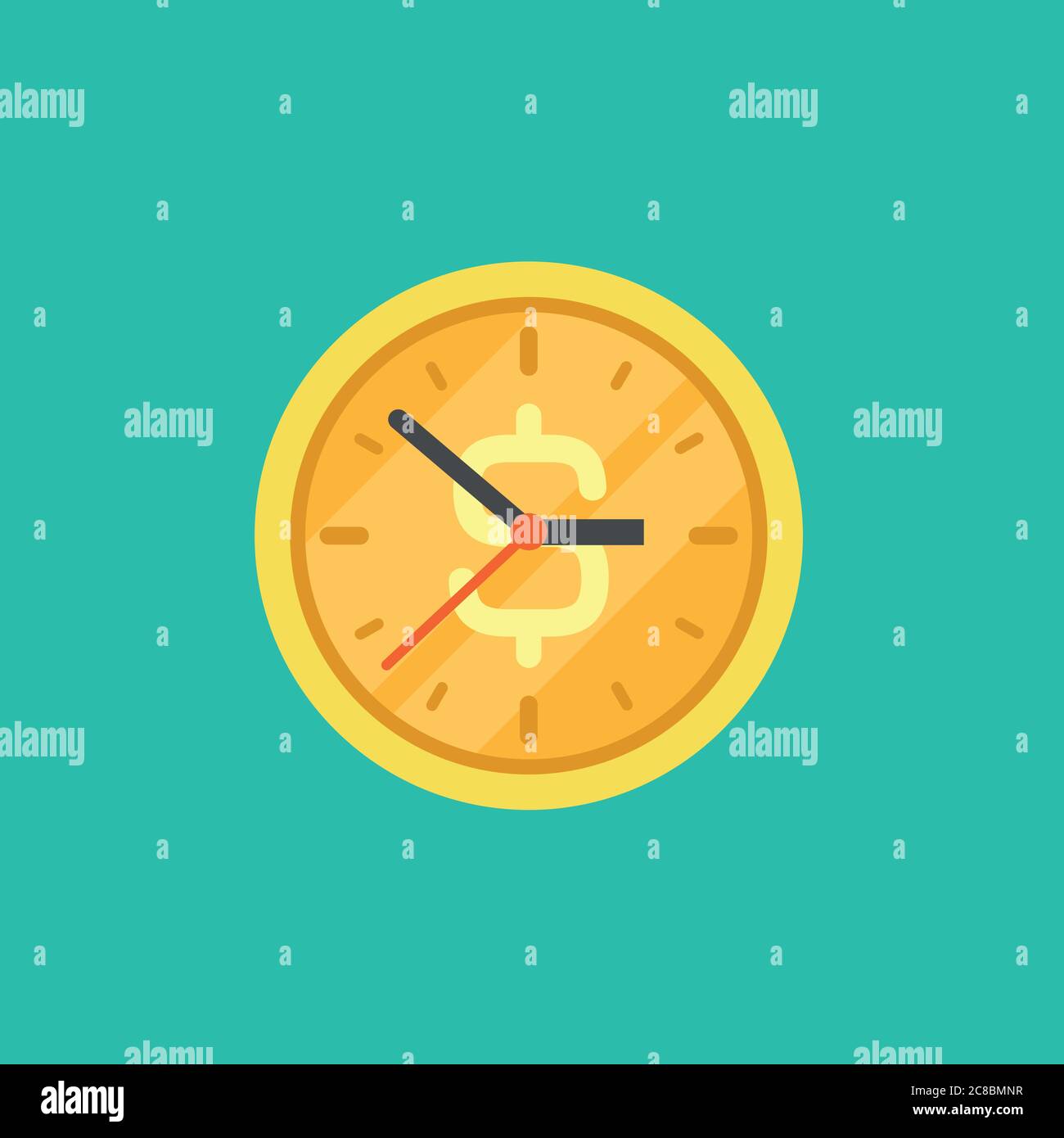 Goldmünzuhr mit Dollarzeichen. Flaches Symbol isoliert auf Puderblau. Zeit ist Geld Piktogramm. Minuten Stock Vektor