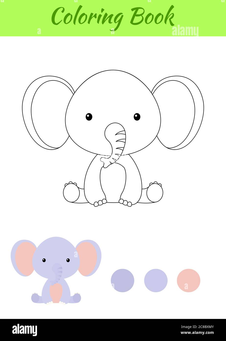 Malvorlagen kleine sitzende Baby Elefant. Bild für Kinder. Pädagogische Aktivität für Kinder und Kleinkinder im Vorschulalter mit niedlichen Tier. Stock Vektor