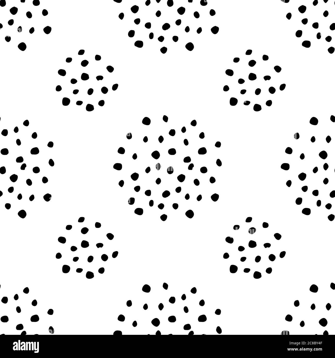 Doodle Dots Nahtloses Muster. Skizzenhaft handgezeichneter Grafikdruck. Schwarz-weiß gepunkteter Hintergrund. Grungy gemalte Ornament. Vektorgrafik. Stock Vektor