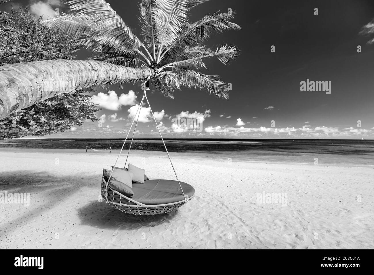 Monochromer tropischer Strand als Sommerlandschaft mit Strandschaukel oder Hängematte und weißem Sand ruhiges Meer schwarzes Strandbanner. Perfekter Strandurlaub Stockfoto