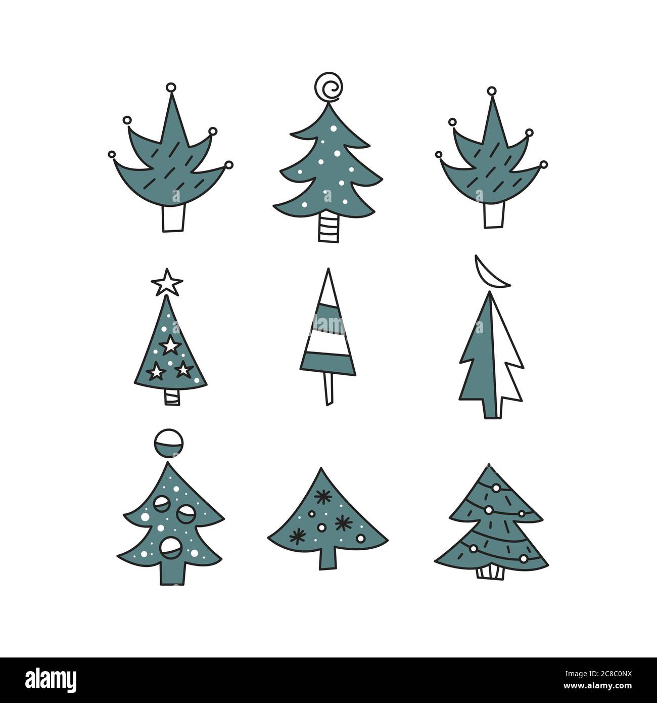 Set von Weihnachtsbäumen isoliert auf weißem Hintergrund. Elemente für Weihnachtskarten Stock Vektor