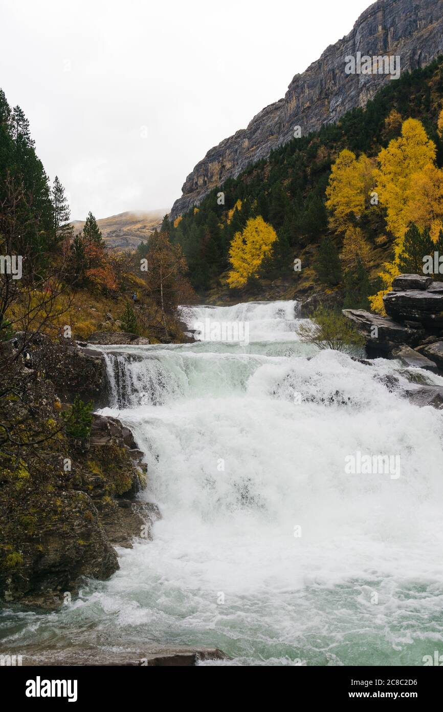 Großer Fluss mit viel Strömung an einem bewölkten Herbsttag. Stockfoto