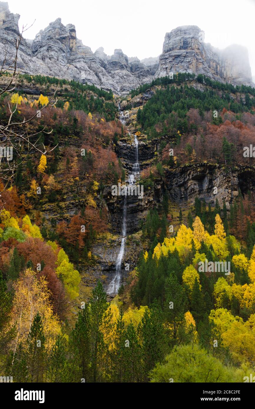 Hoher Wasserfall fällt im Herbst vom Berg. Stockfoto