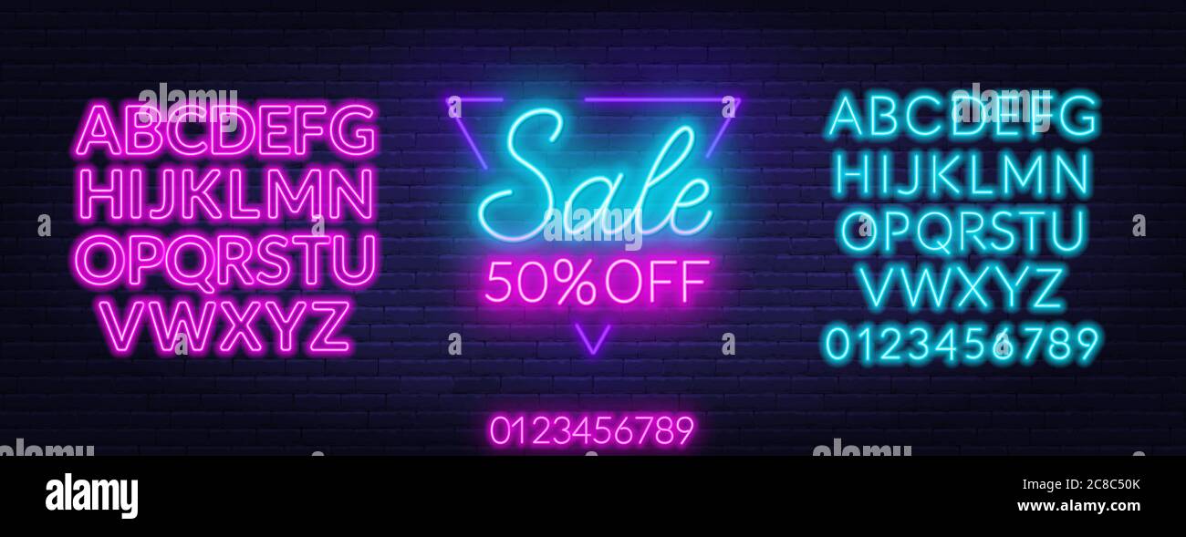 Verkauf Neon-Zeichen in einem dreieckigen Rahmen.Angebot einen Rabatt. Vorlage mit Schriftarten. Stock Vektor
