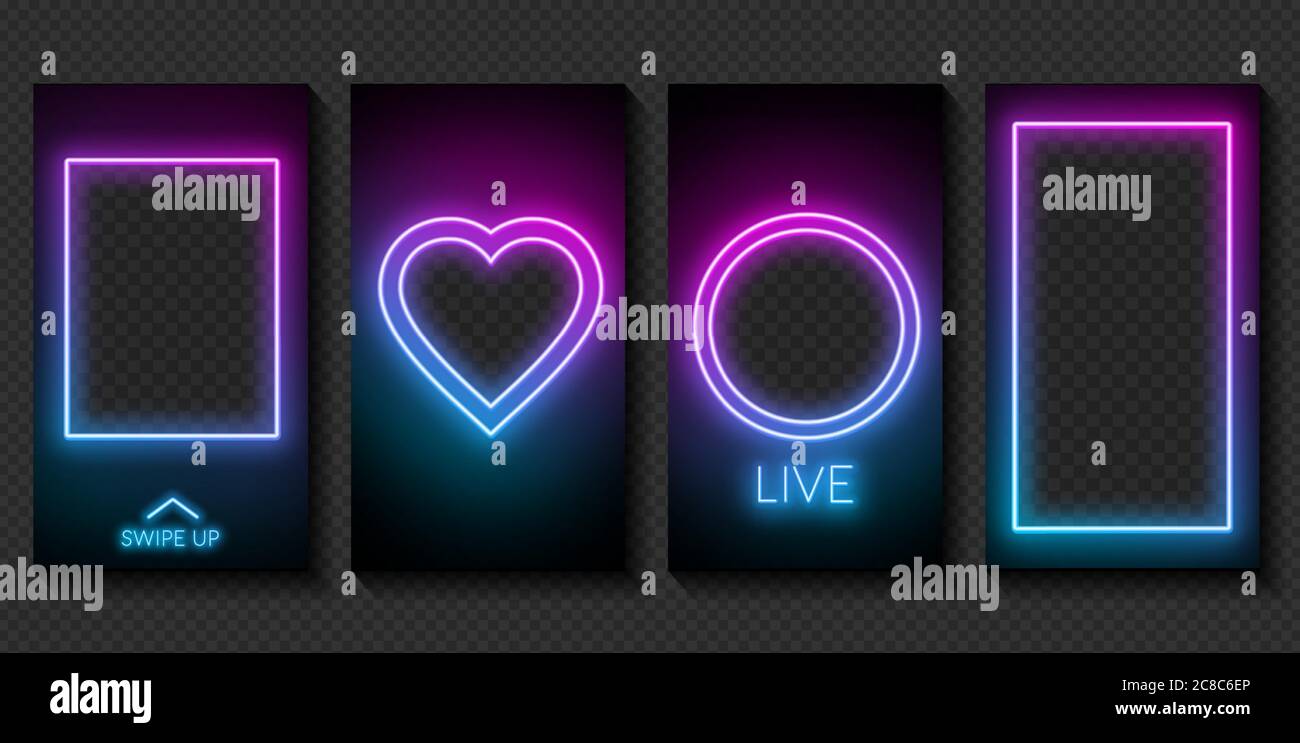 Set von Neon-Vorlagen für Geschichten in sozialen Netzwerken auf einem dunklen Hintergrund. Stock Vektor