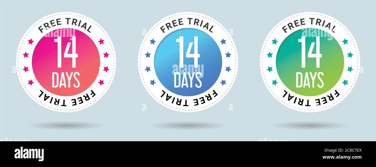 14 Tage kostenlose Testversion Stempel Vektor Illustration. Symbol für Vektorzertifikat. Set mit 3 schönen Farbverläufen. Stock Vektor