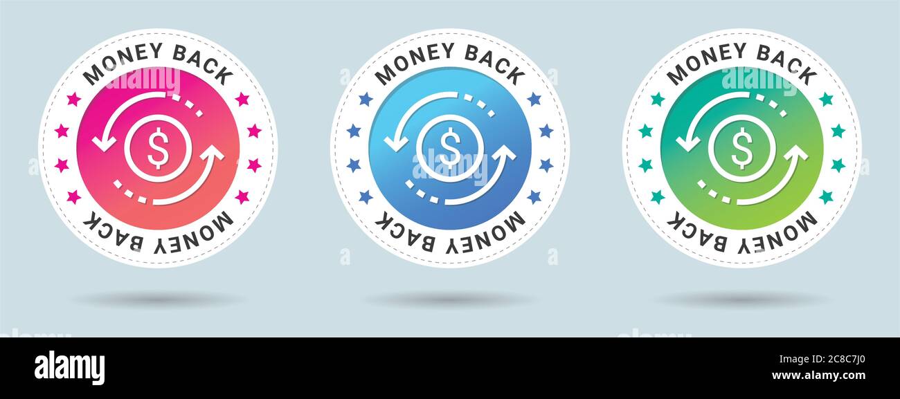Vektorgrafik für Geld-zurück-Stempel. Symbol für Vektorzertifikat. Set mit 3 schönen Farbverläufen. Vektor-Kombination für Zertifikat in flacher Ausführung. Stock Vektor