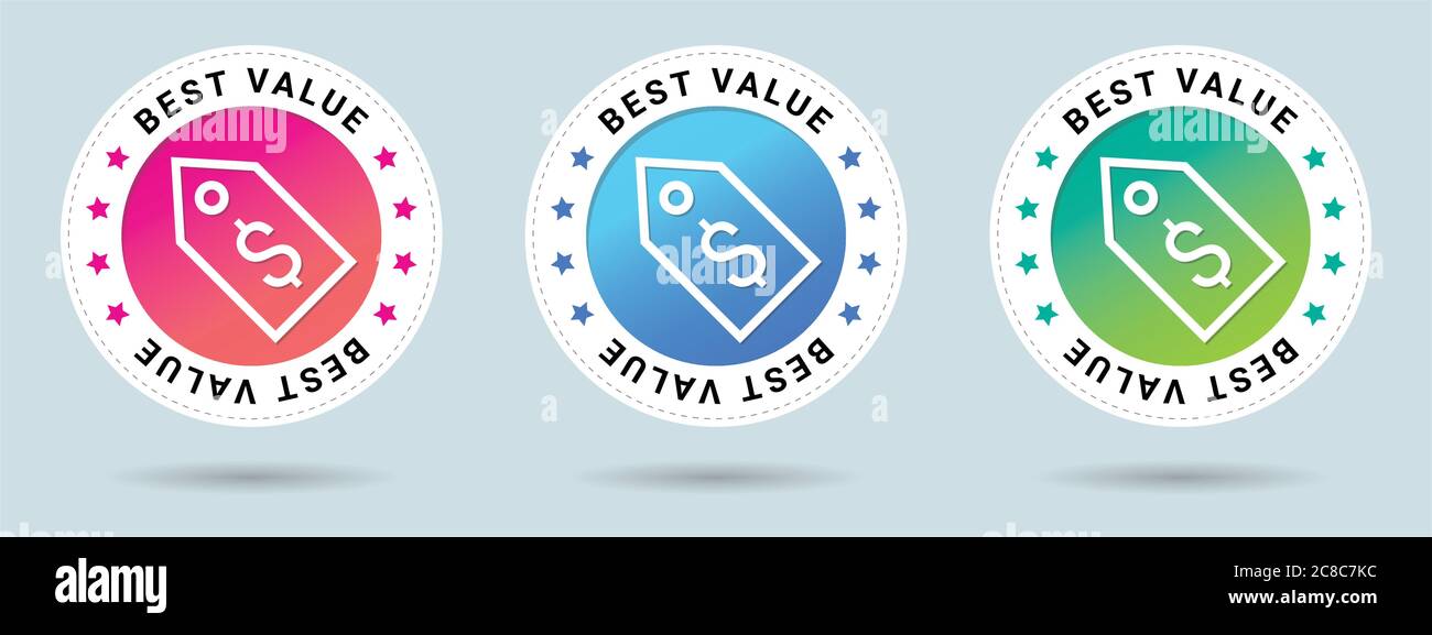 Vektordarstellung mit bestem Wert. Symbol für Vektorzertifikat. Set mit 3 schönen Farbverläufen. Vektor-Kombination für Zertifikat in flacher Ausführung. Stock Vektor