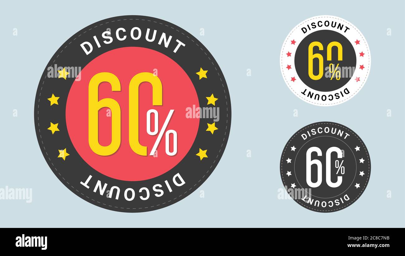 Set von trendigen Verkauf Aufkleber. 60 % Rabatt. Verkaufs- und Rabattmarken mit Symbolen mit 60 % Rabatt. Abzeichen Vorlage 60 Rabatt, Prozent Verkauf Label Symbole. Stock Vektor
