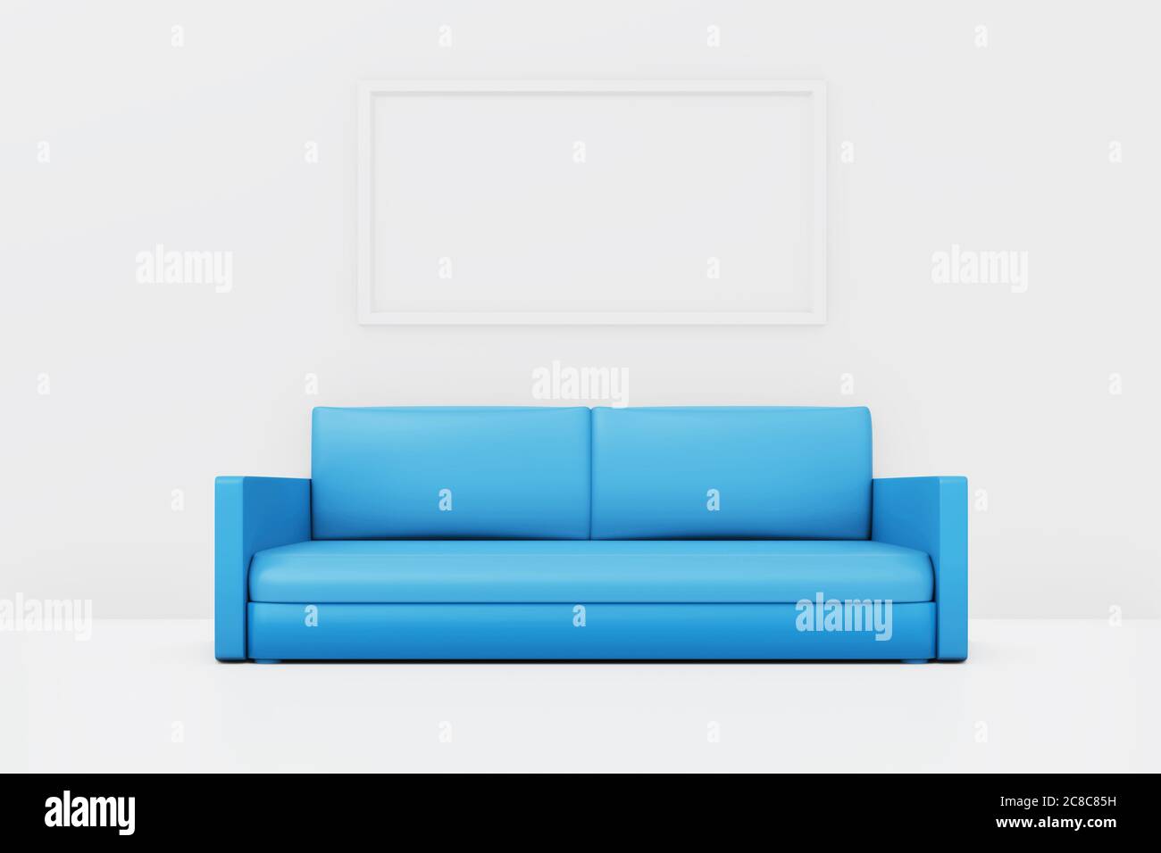 Minimalistisches Wohnzimmer mit blauem Sofa und großem Rahmen. 3D-Illustration Stockfoto