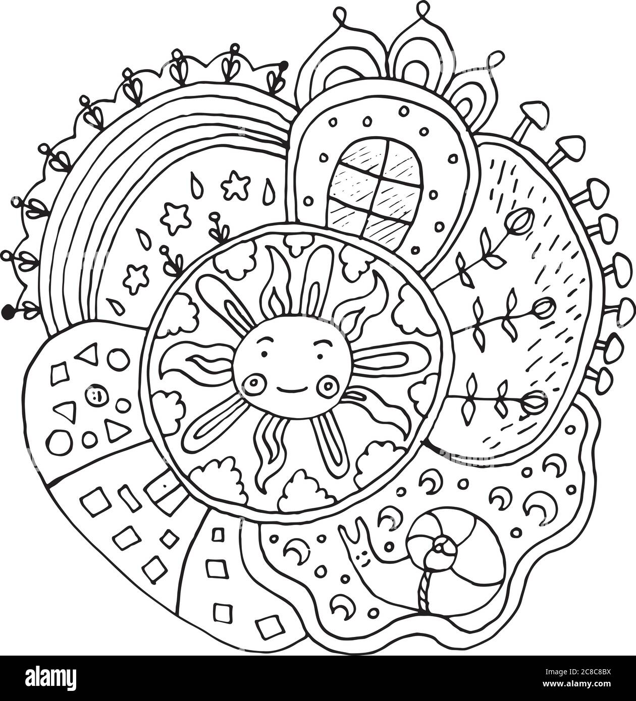 Kind gezeichnet Mandala mit Sonne und Natur Elemente - Doodle Färbung Seite  für Erwachsene und Kinder. Vektorgrafik Stock-Vektorgrafik - Alamy