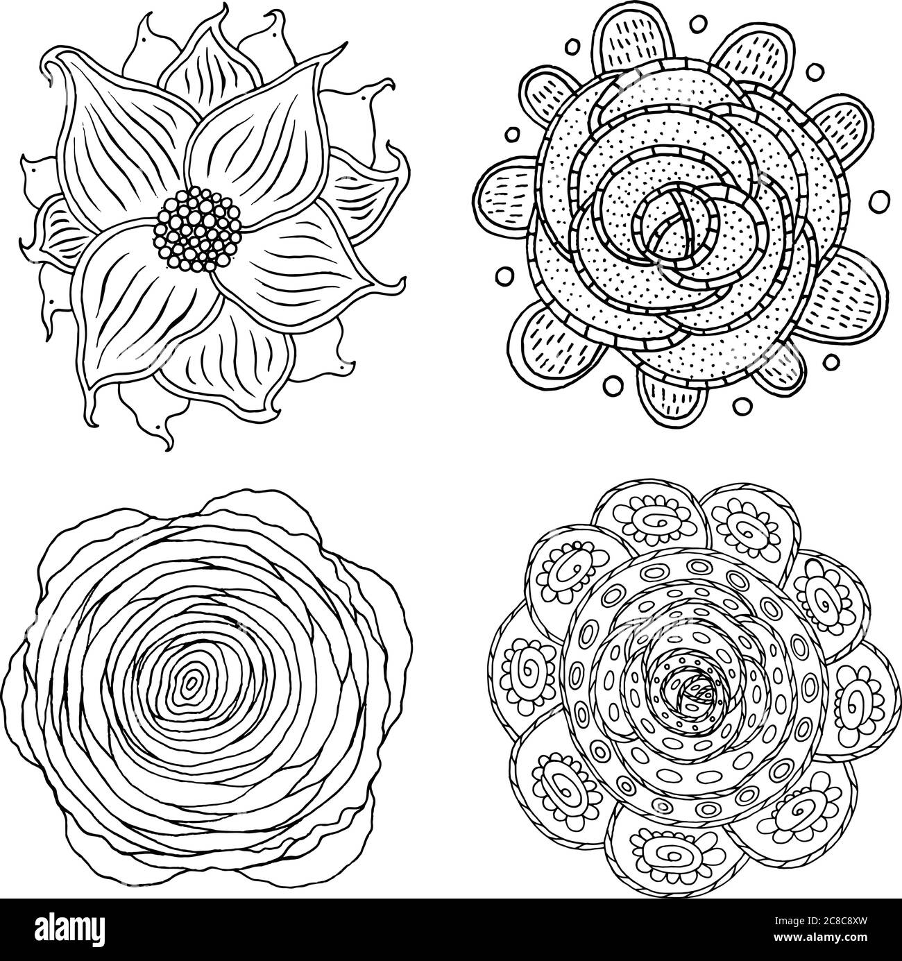 Doodle Mandala Set - Malvorlagen für Erwachsene. Cartoon-Blumenschmuck. Vektorgrafik Stock Vektor