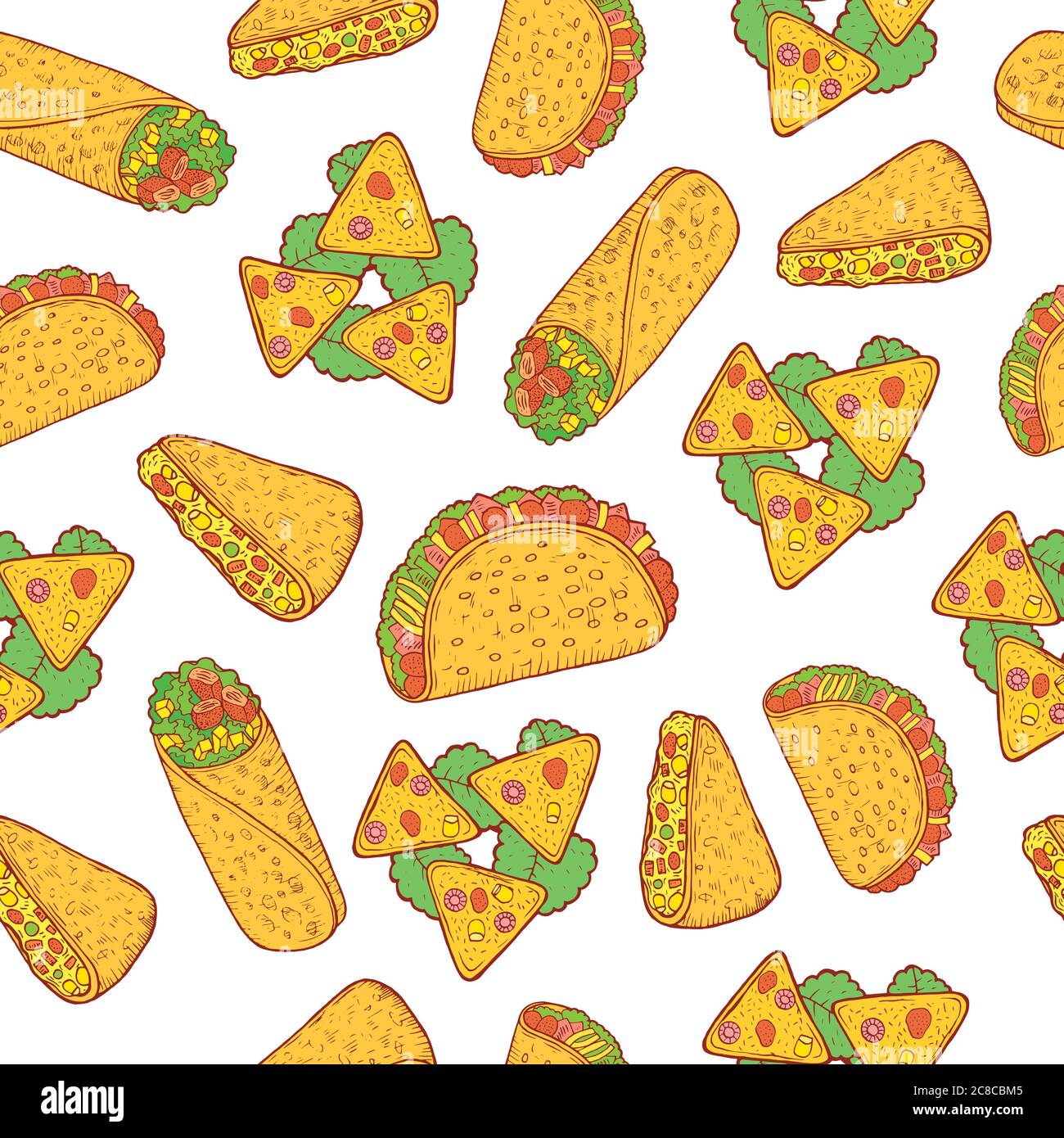 Mexikanische Speisen nahtlose Muster. Doodle bunte Cartoon Hintergrund für Restaurant-Menü oder Design. Vektorgrafik Stock Vektor