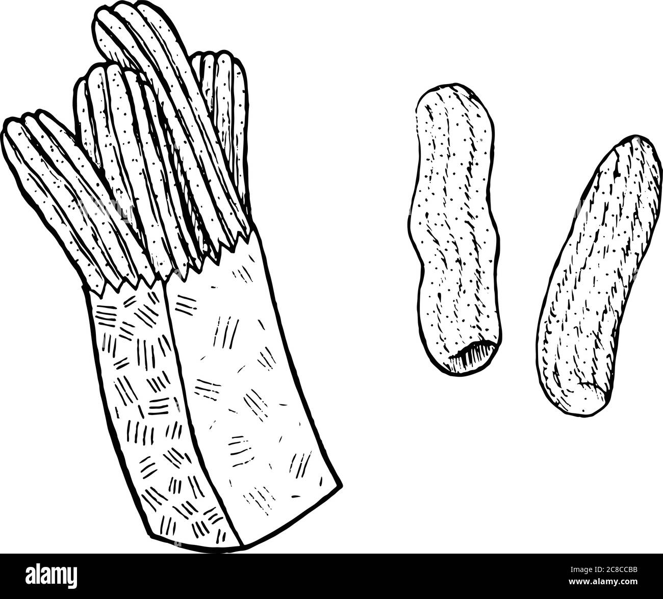 Doodle Malvorlagen für Erwachsene mit Churros. Tusche Kunst mit spanischer Küche. Vektorgrafik Stock Vektor