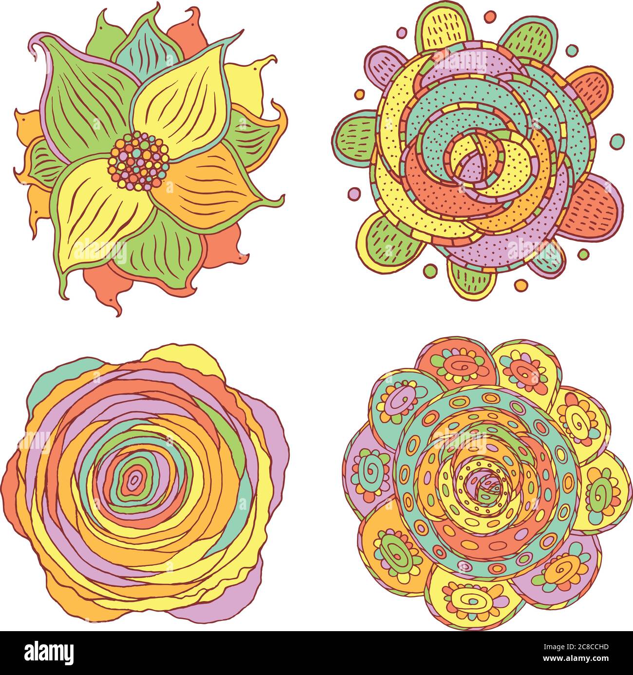 Doodle bunte psychedelische Mandala Set. Cartoon Tribal ethnischen floralen Ornamenten. Vektorgrafik Stock Vektor