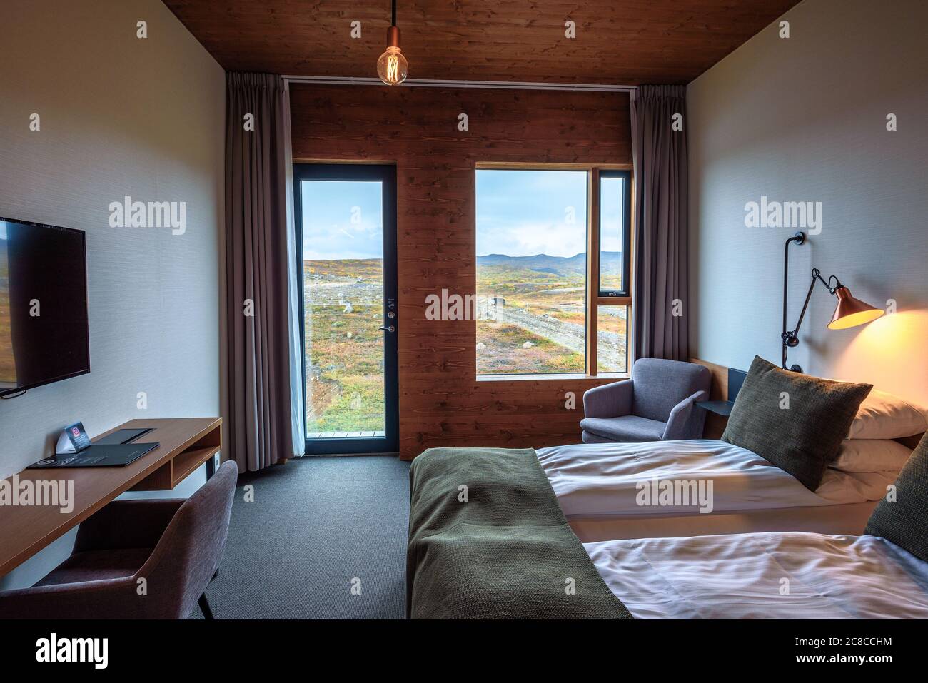 Myvatn, Island - September 10, 2019 : Interieur eines Zimmers in Fosshotel Myvatn, ein vier-Sterne-Hotel in Skutustadahreppur, in der Nähe eines Sees auf dem Ring Stockfoto