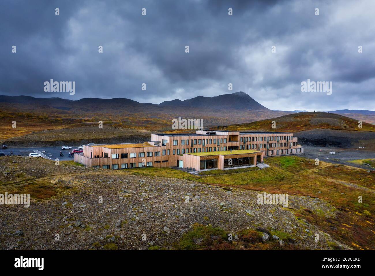 Myvatn, Island - September 10, 2019 : Fosshotel Myvatn mit Restaurant, ein vier-Sterne-Hotel in Skutustadahreppur, in der Nähe eines Sees auf dem Ring Roa Stockfoto